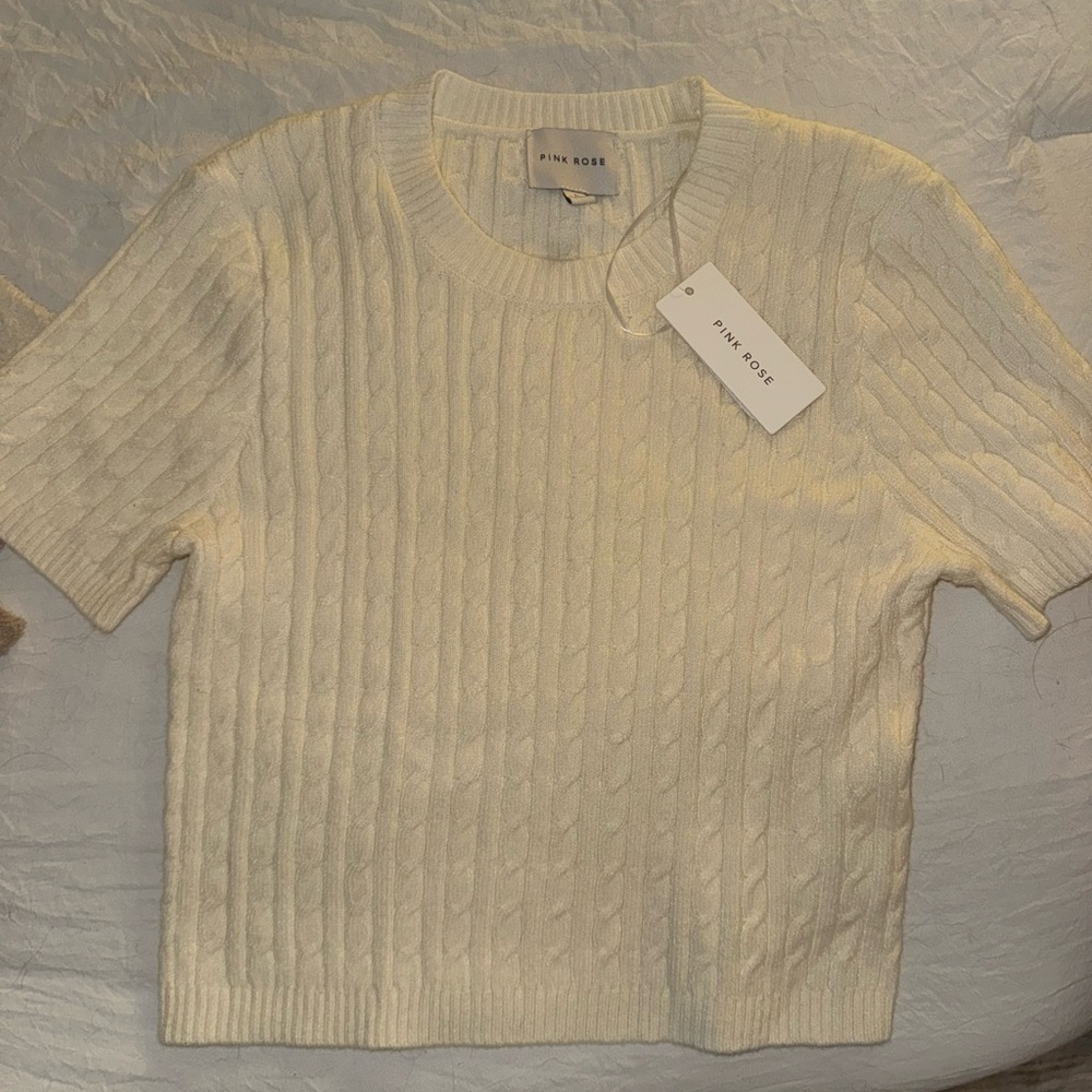 Pink Rose Cream Cable Knit Short Sleeve Sweater